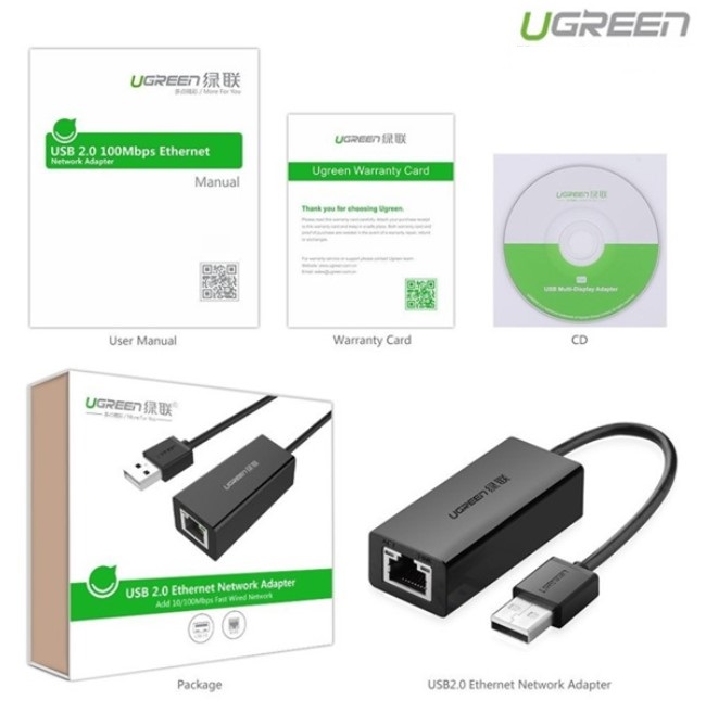 Cáp USB to Lan 2.0 cho Macbook, pc, laptop hỗ trợ Ethernet 10/100 Mbps chính hãng Ugreen 20254